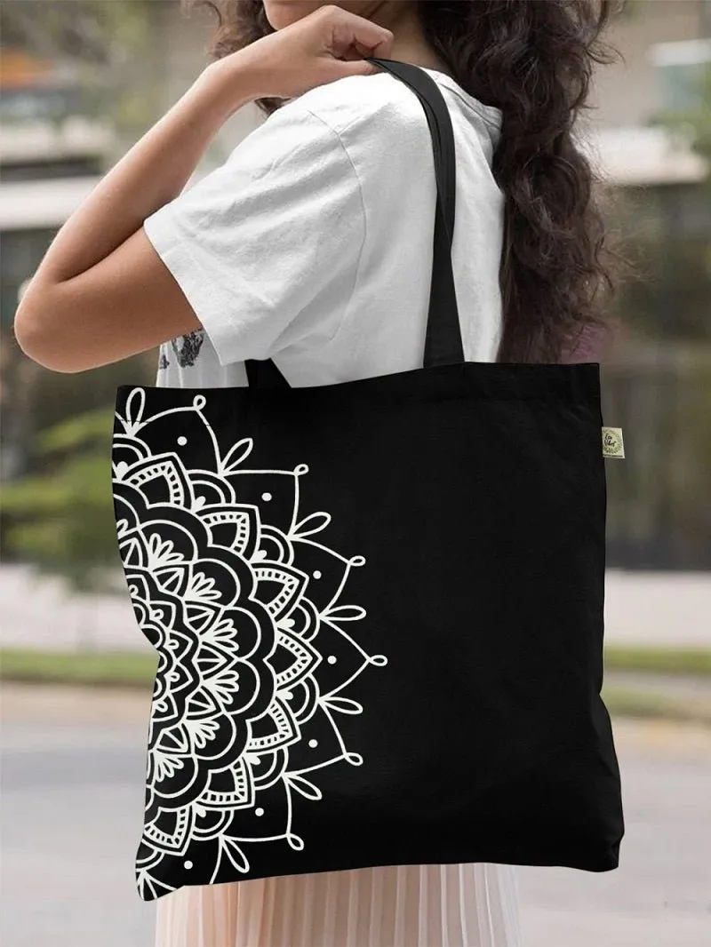 Premium Cotton Canvas Tote Bag- Half Mandala Black