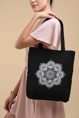 Premium Cotton Canvas Tote Bag- Mandala Black