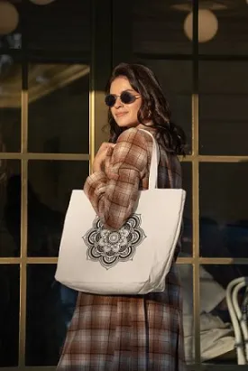 Premium Cotton Canvas Tote Bag- Mandala White