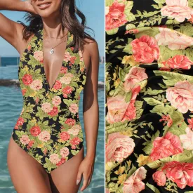 Premium Digital Printed Swimwear Lycra Black Flowers