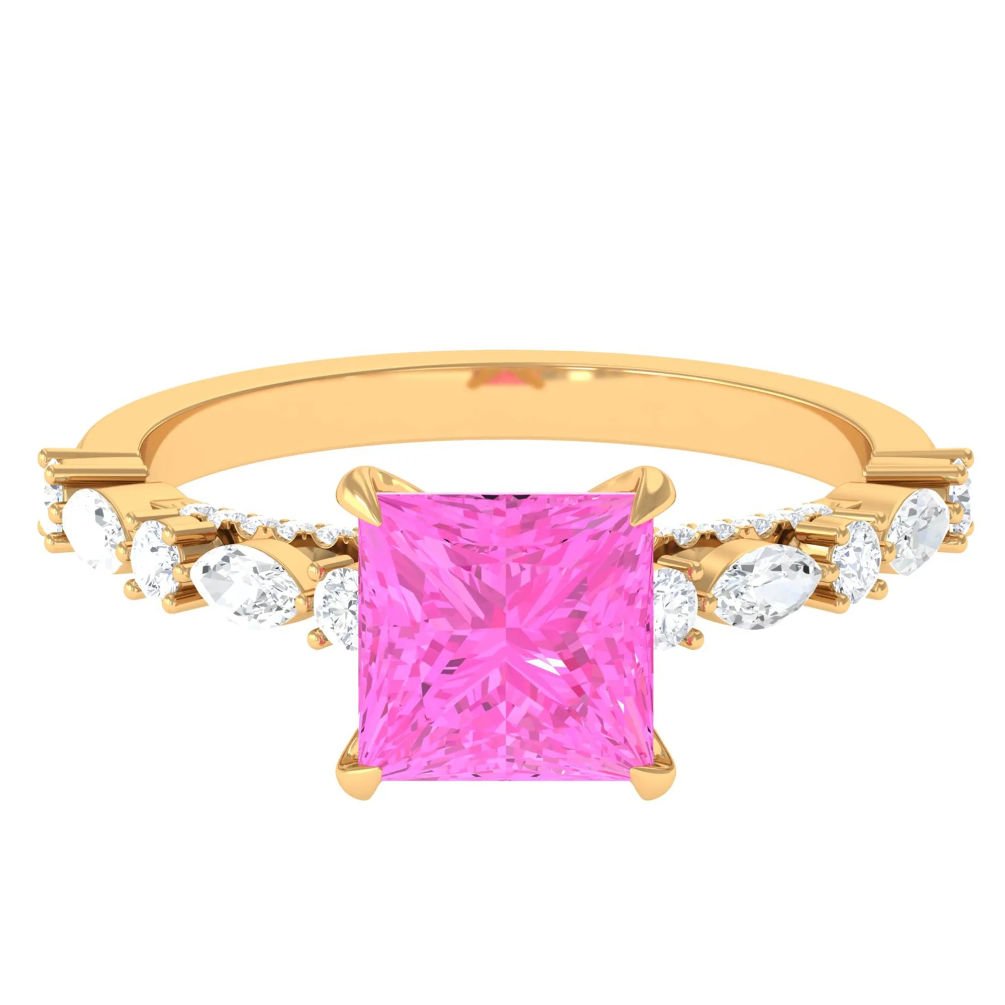 Princess Cut Lab Grown Pink Sapphire Engagement Ring with Moissanite