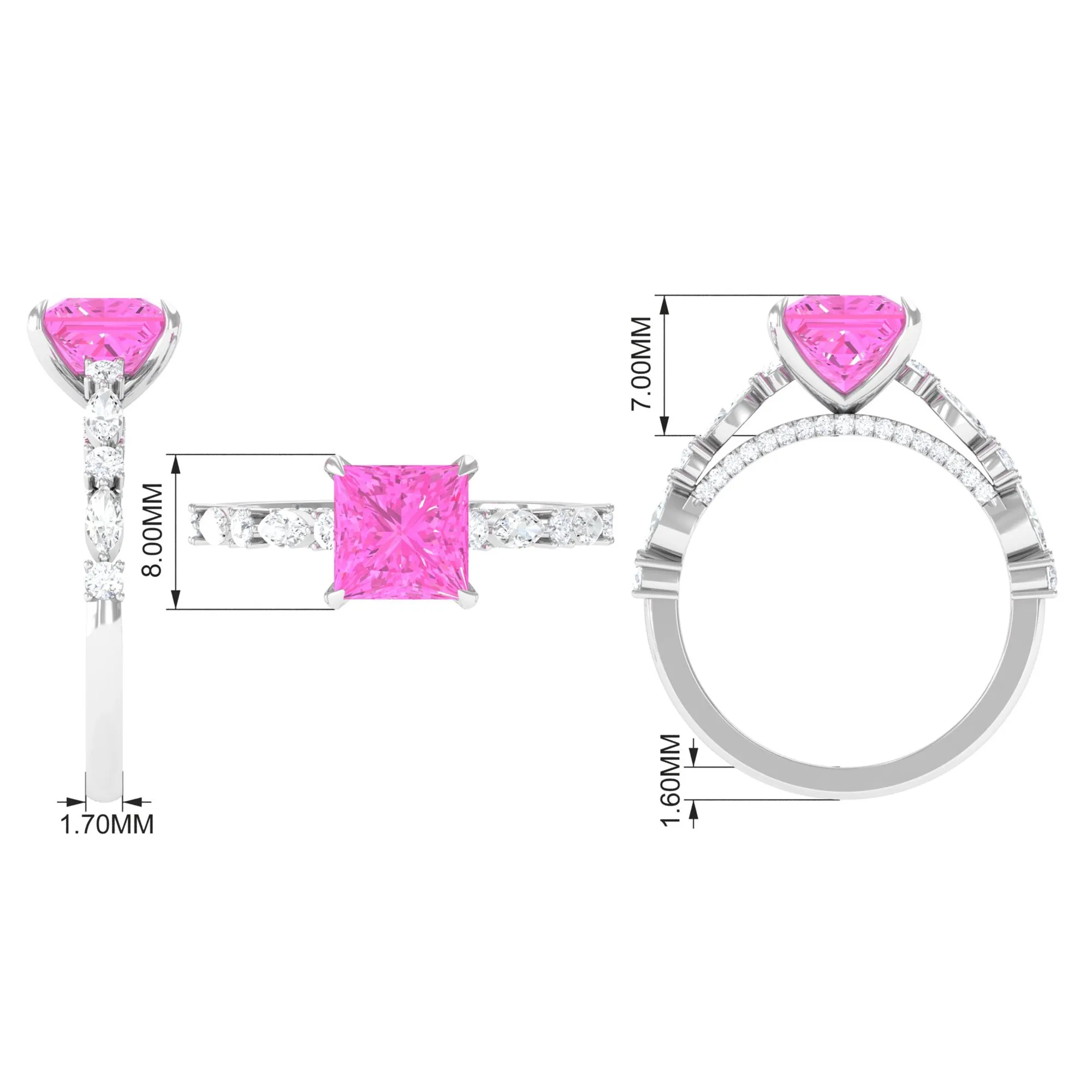 Princess Cut Lab Grown Pink Sapphire Engagement Ring with Moissanite