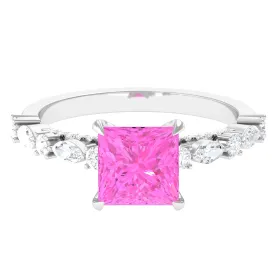 Princess Cut Lab Grown Pink Sapphire Engagement Ring with Moissanite