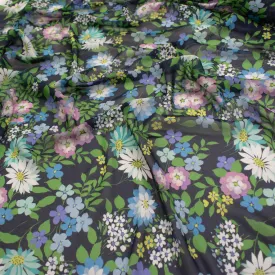 Printed Chiffon Design-244 Purple & Blue Flowers Blossom on Navy