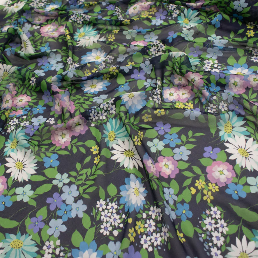 Printed Chiffon Design-244 Purple & Blue Flowers Blossom on Navy