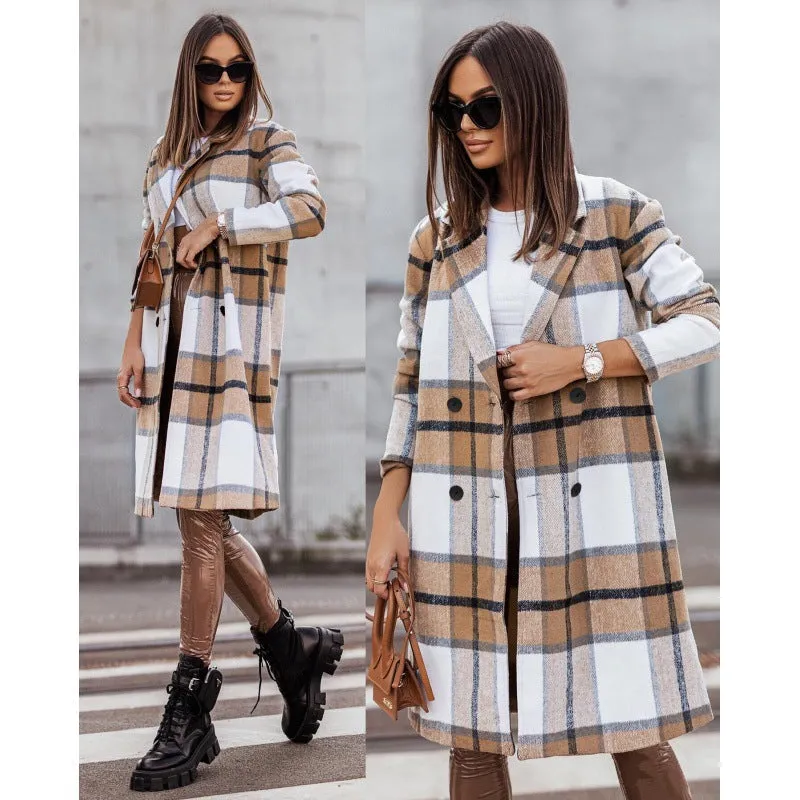 Printed Mid-length Plaid Wool Coat Women