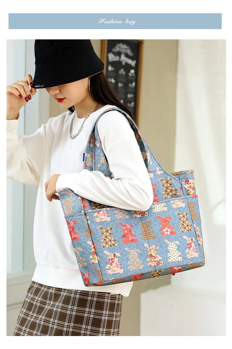 Printed Nylon Tote Shoulder Bag: Casual Chic with Large Capacity