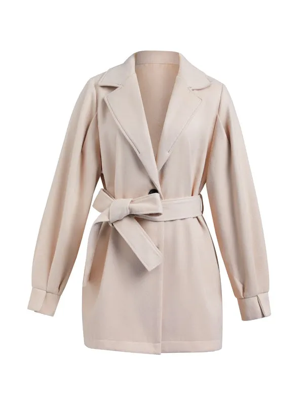 Puff Sleeve Belted Woolen Coat