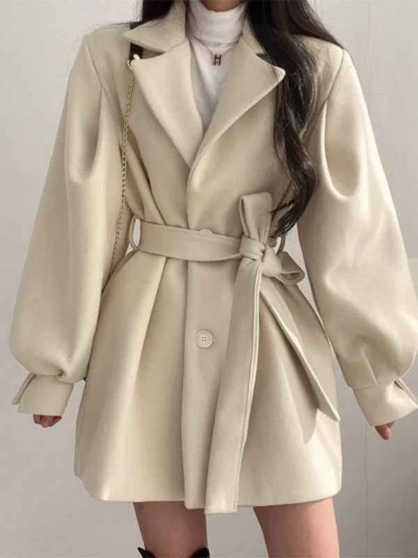 Puff Sleeve Belted Woolen Coat