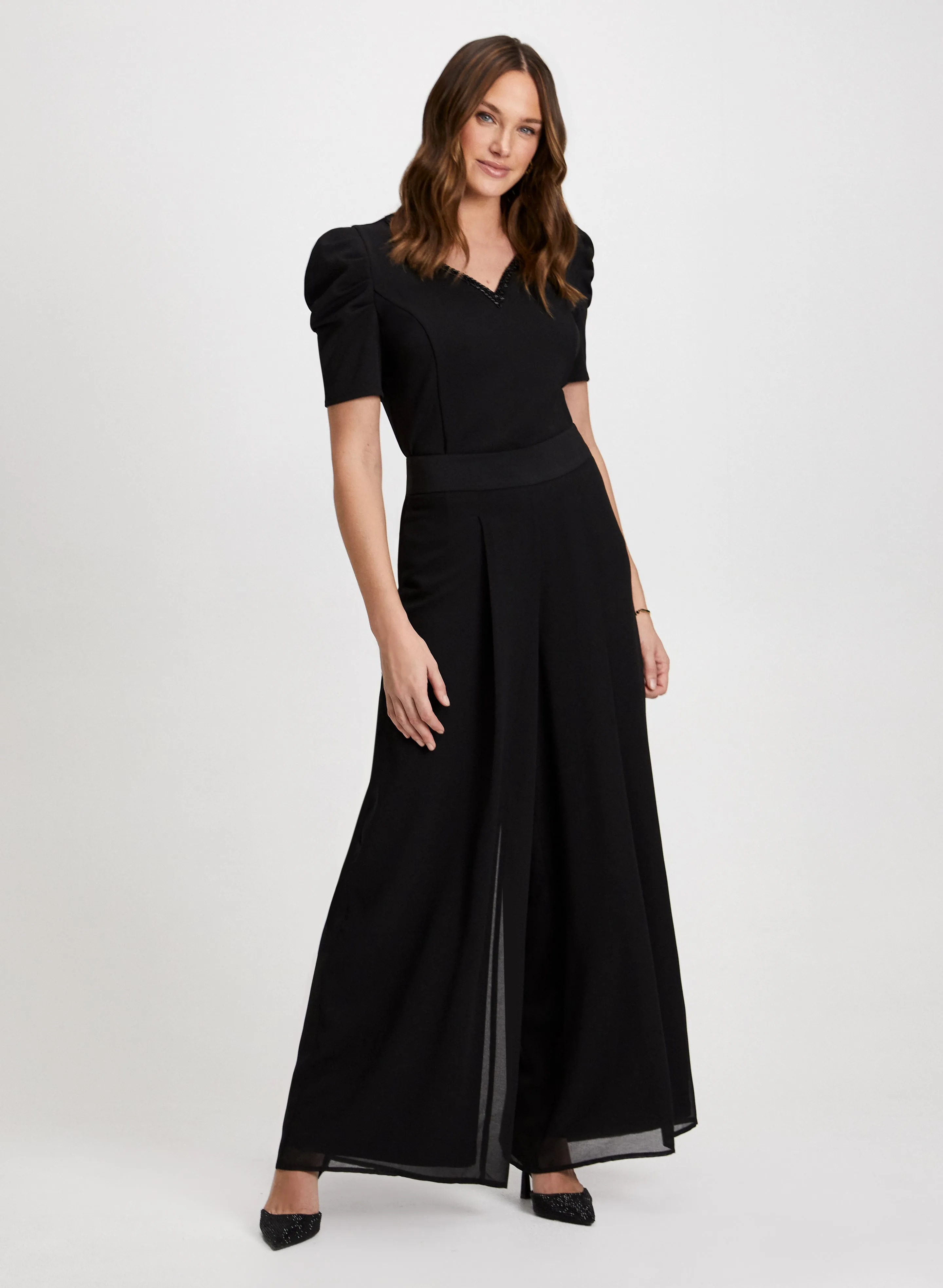 Puff Sleeve Top & Wide Leg Chiffon Pants