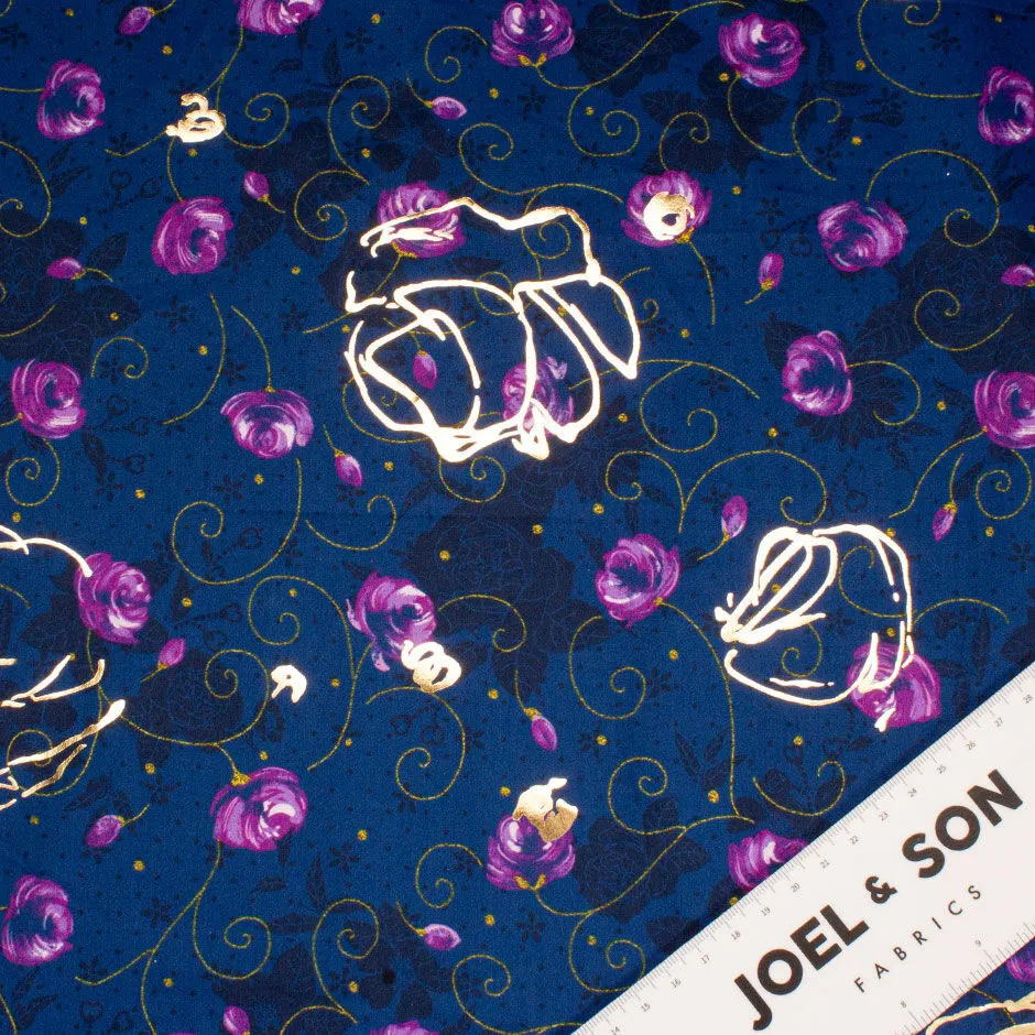 Purple Floral Midnight Blue Gold Laminated Cotton