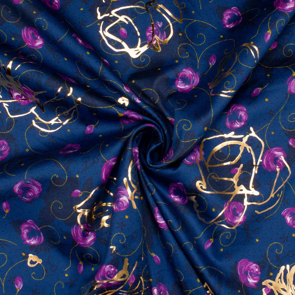 Purple Floral Midnight Blue Gold Laminated Cotton