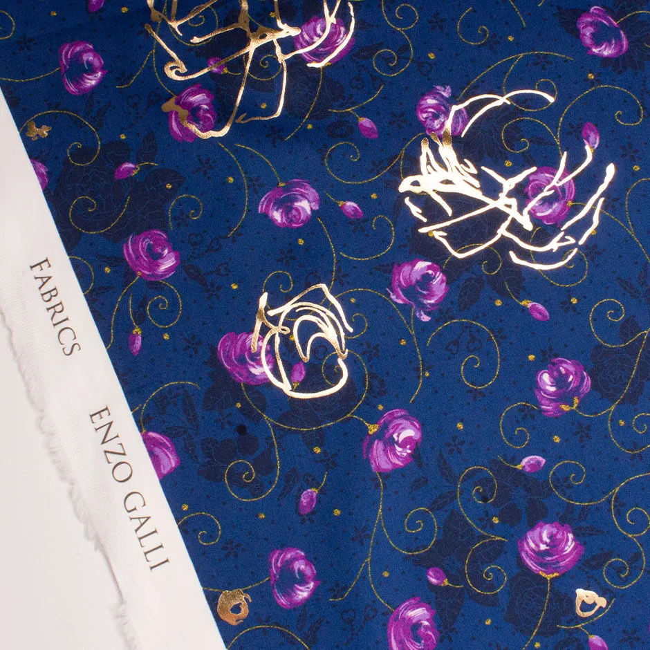 Purple Floral Midnight Blue Gold Laminated Cotton