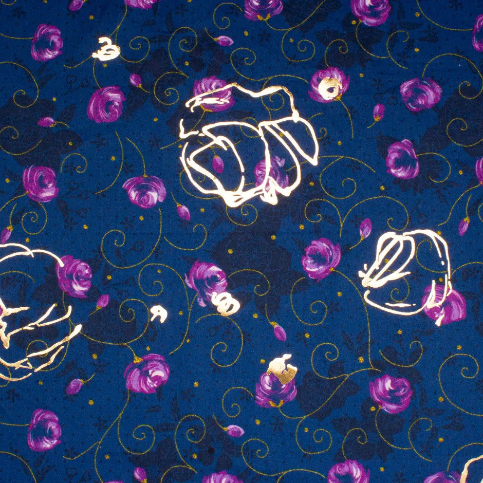 Purple Floral Midnight Blue Gold Laminated Cotton