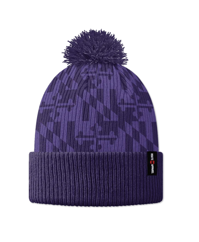 Purple Maryland Flag / Knit Beanie Cap w/ Pom-Pom