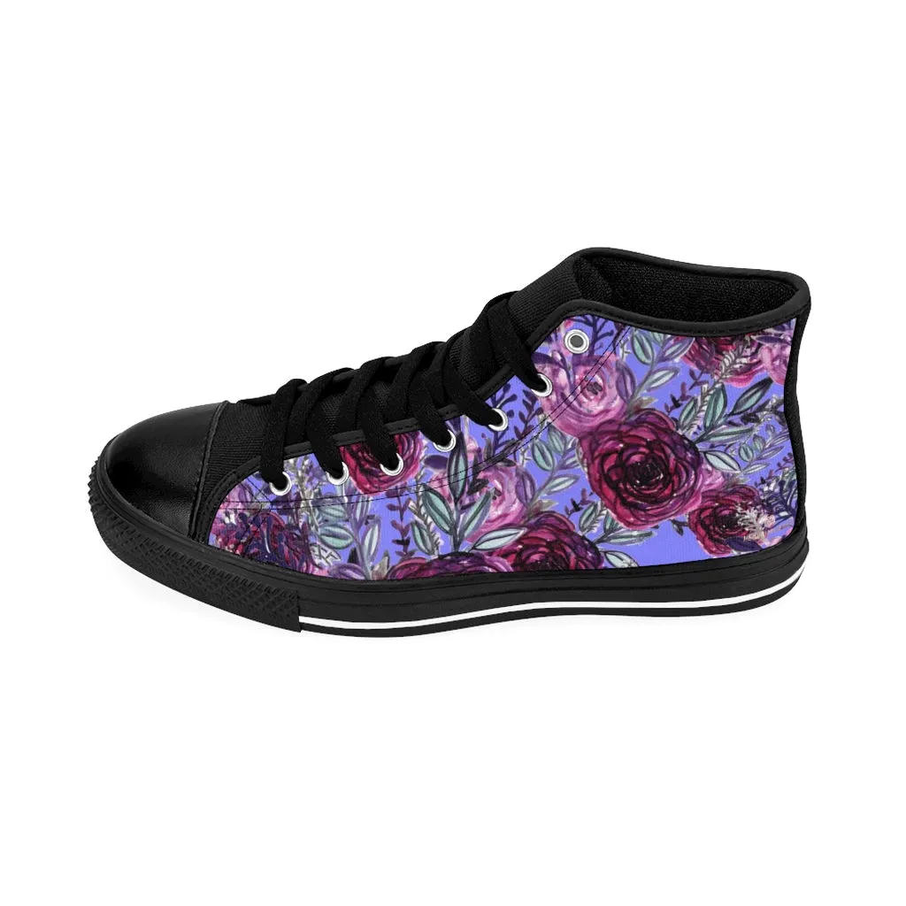 Purple Rose Women's Sneakers, Floral Print Designer High-top Fashion Tennis Canvas Shoes