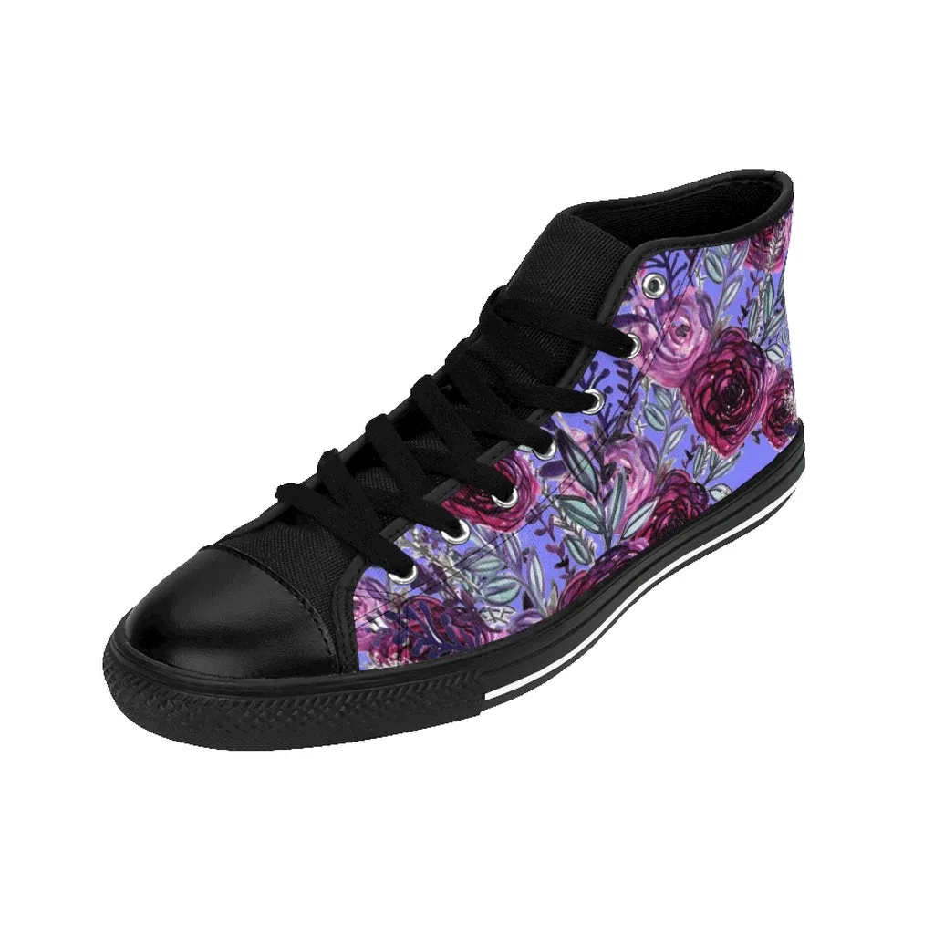 Purple Rose Women's Sneakers, Floral Print Designer High-top Fashion Tennis Canvas Shoes