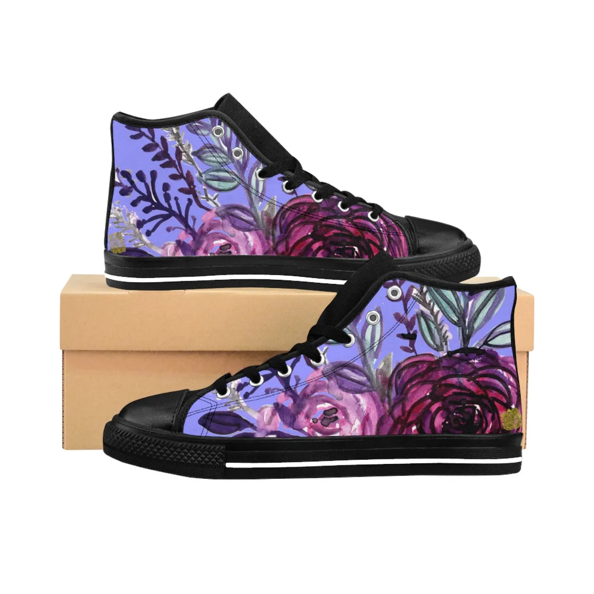 Purple Rose Women's Sneakers, Romantic Floral Print Women's High-top Tennis Shoes (US Size 6-12)