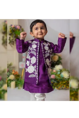 Purple Silk Kurta With Floral Embroidered Jacket Set