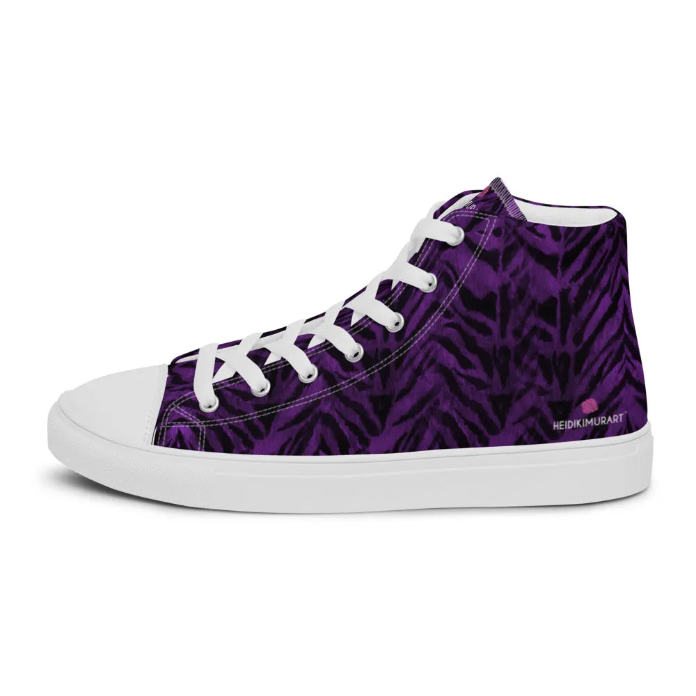 Purple Tiger Striped Men's Sneakers, Tiger Faux Skin Striped Animal Print Designer High Tops For Men