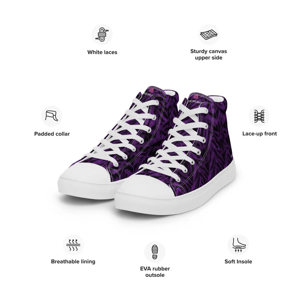 Purple Tiger Striped Women's Sneakers, Animal Print Designer Tiger Stripes High Top Tennis Shoes