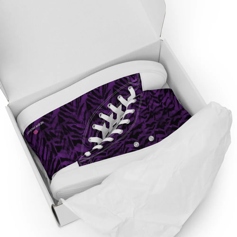 Purple Tiger Striped Women's Sneakers, Animal Print Designer Tiger Stripes High Top Tennis Shoes