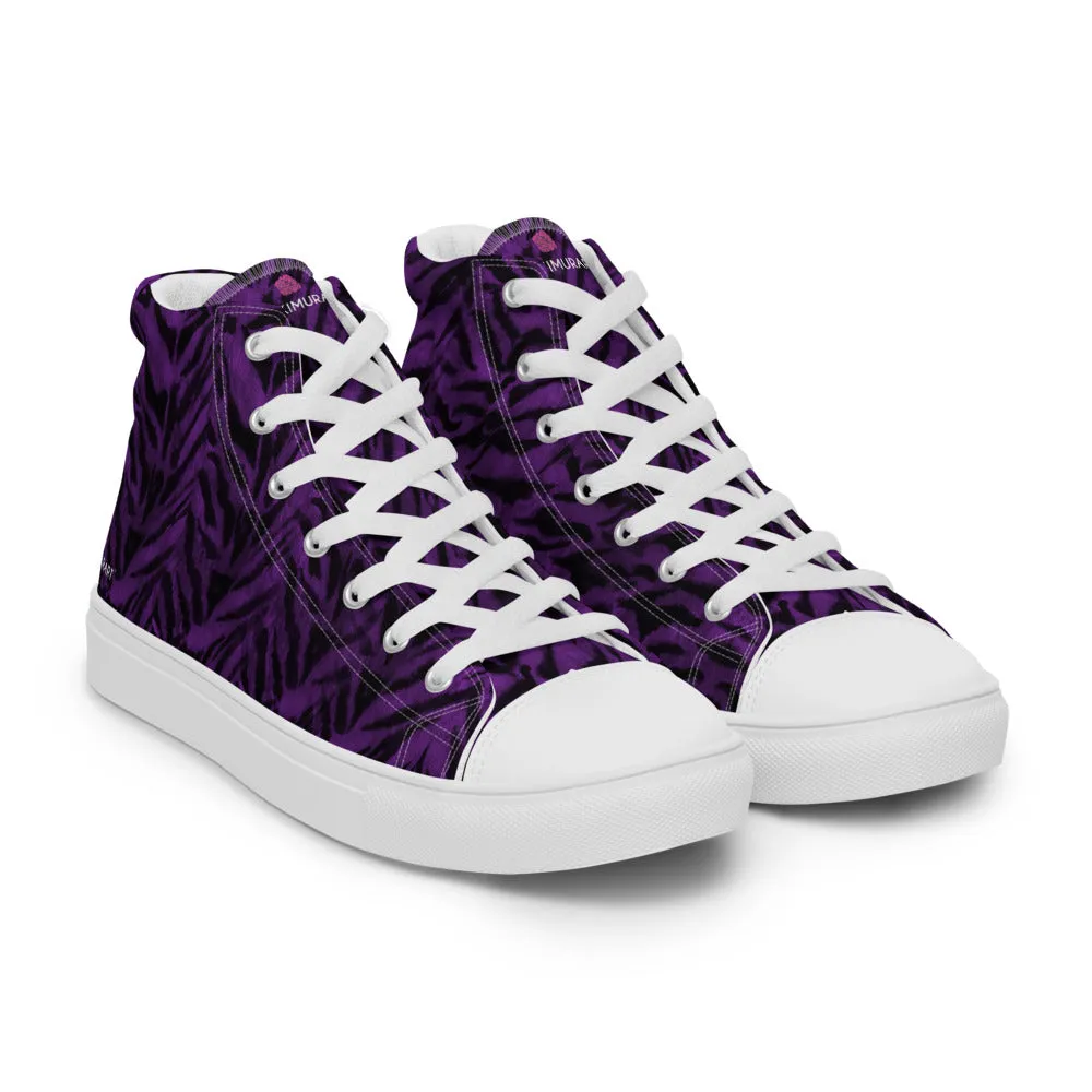 Purple Tiger Striped Women's Sneakers, Animal Print Designer Tiger Stripes High Top Tennis Shoes