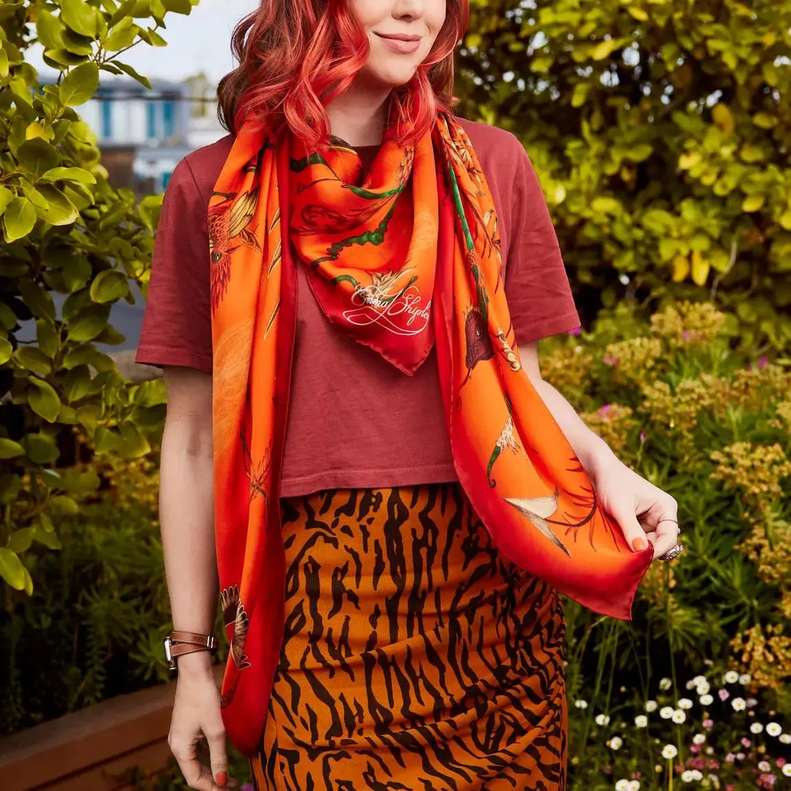 Quetzal Silk Chiffon Scarf - Red Leopard Winter Blue