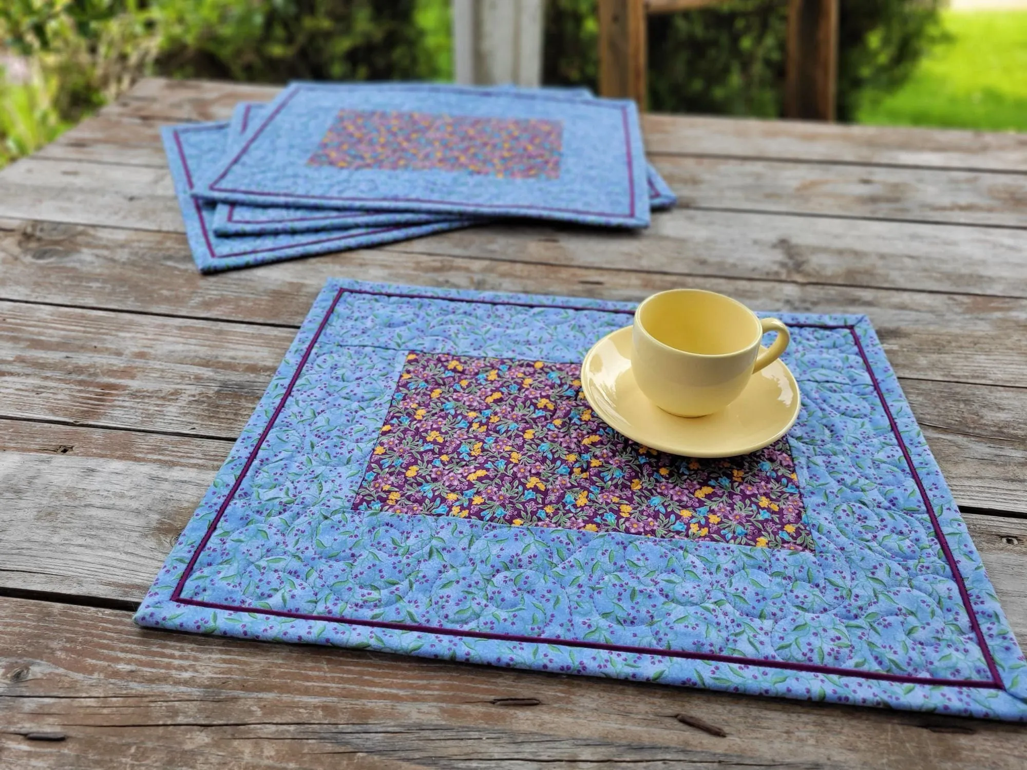 Quilted Summer Placemats, Four Blue Floral Table Mats