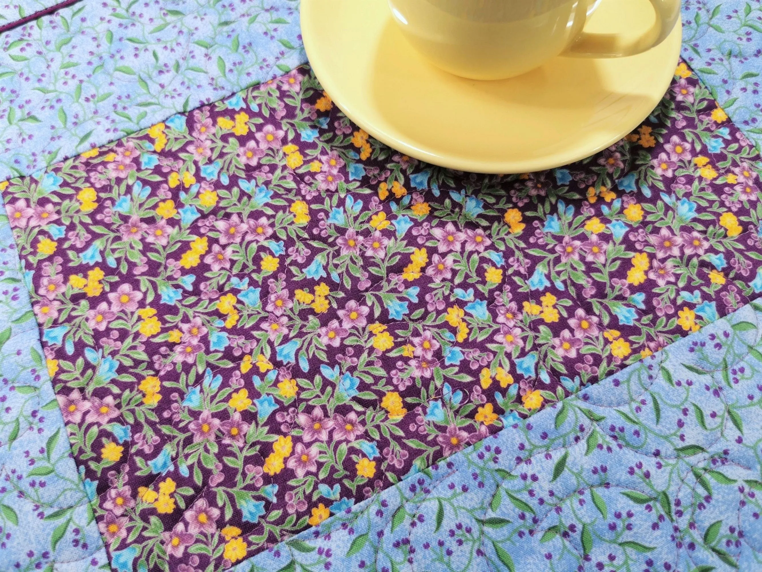 Quilted Summer Placemats, Four Blue Floral Table Mats