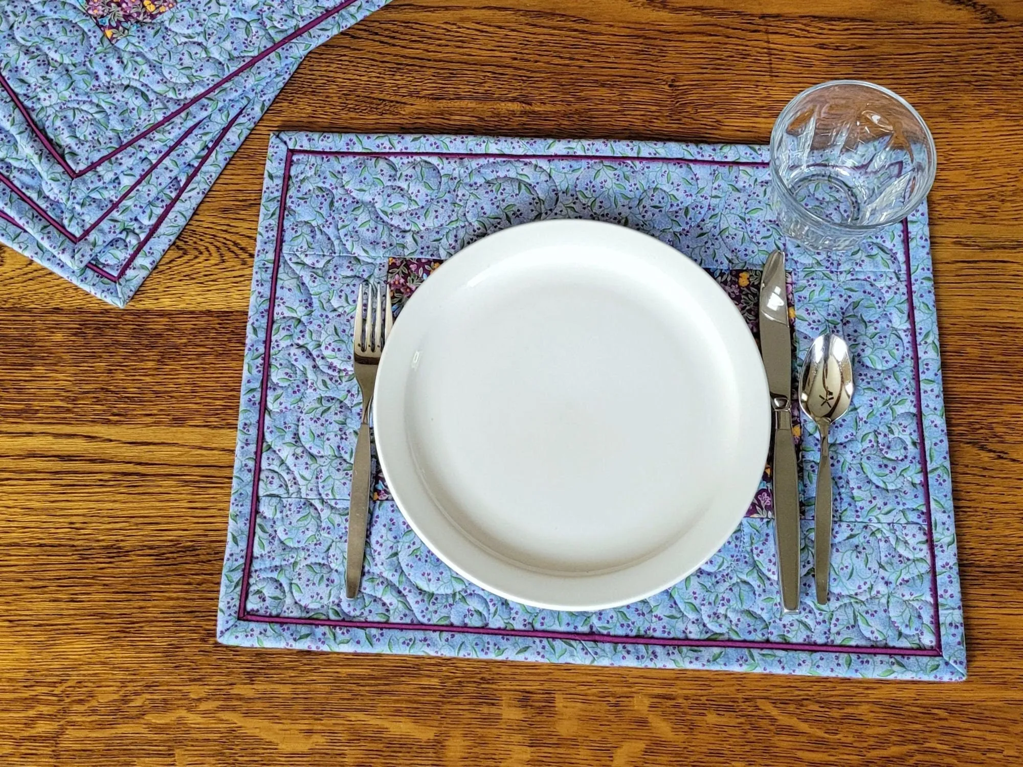 Quilted Summer Placemats, Four Blue Floral Table Mats