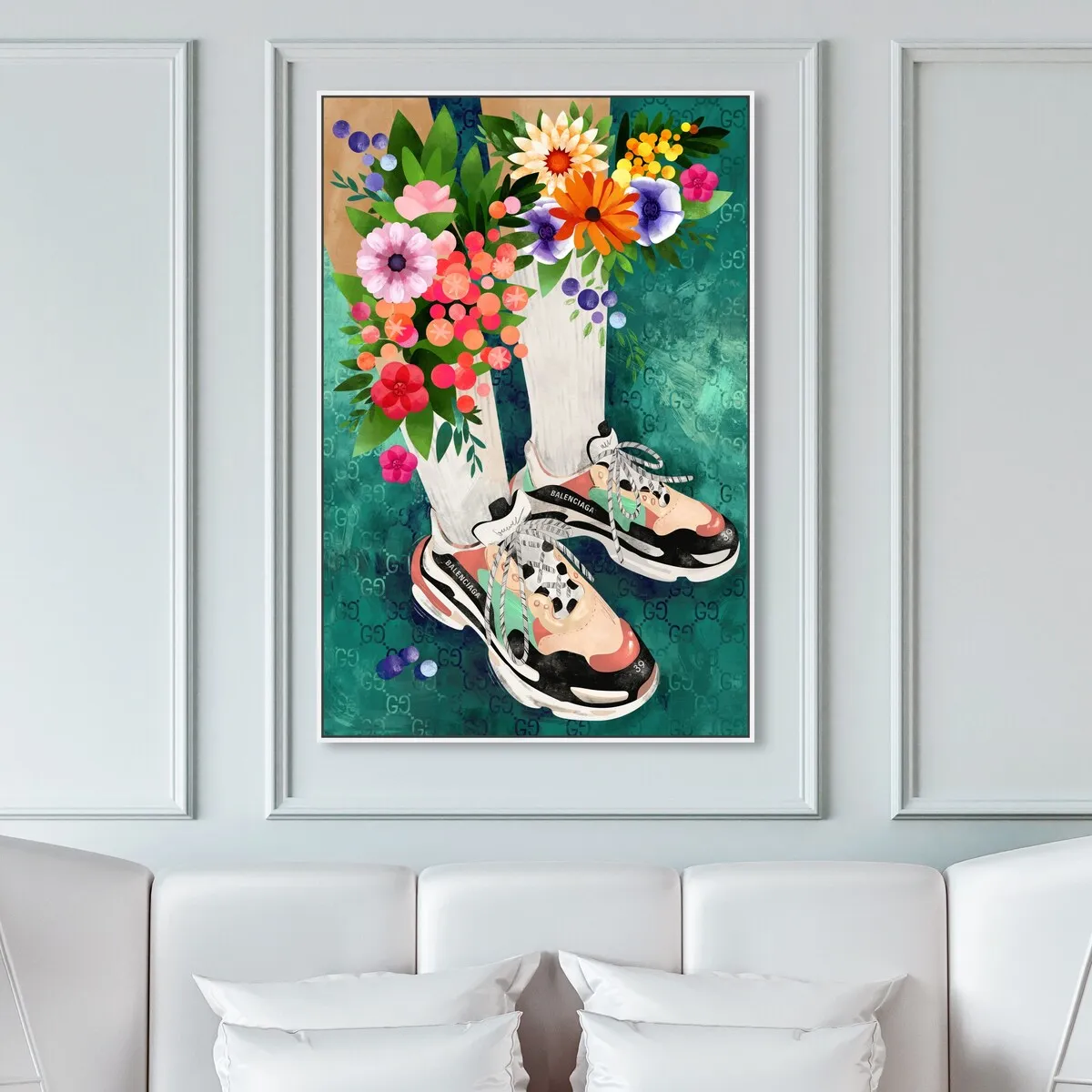 "Blooming Socks and Sneakers", Colorful floral sneaker outfit Modern Green Framed Canvas Wall Art Print for Bedroom