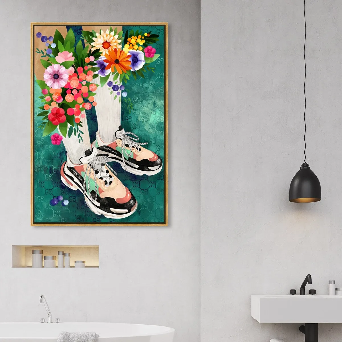 "Blooming Socks and Sneakers", Colorful floral sneaker outfit Modern Green Framed Canvas Wall Art Print for Bedroom