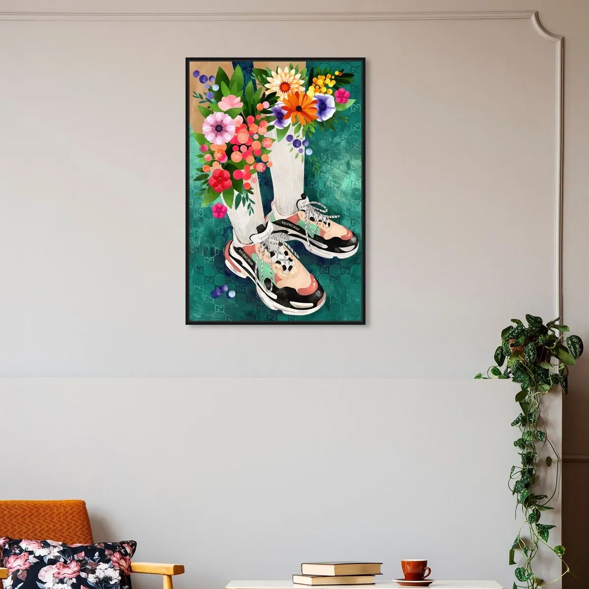 "Blooming Socks and Sneakers", Colorful floral sneaker outfit Modern Green Framed Canvas Wall Art Print for Bedroom