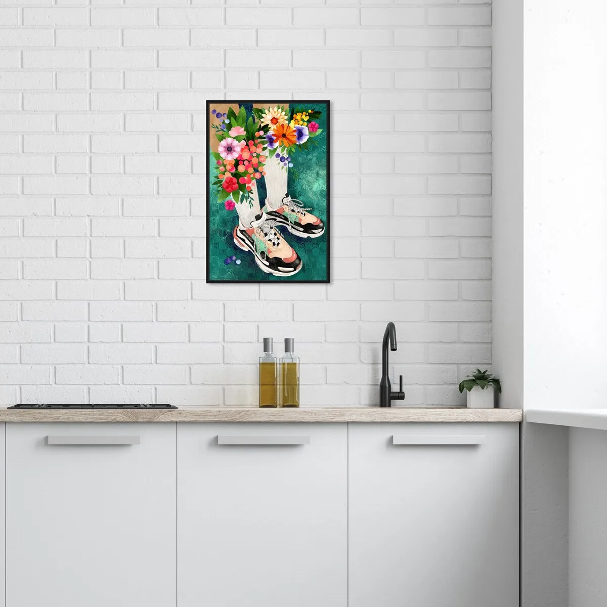 "Blooming Socks and Sneakers", Colorful floral sneaker outfit Modern Green Framed Canvas Wall Art Print for Bedroom