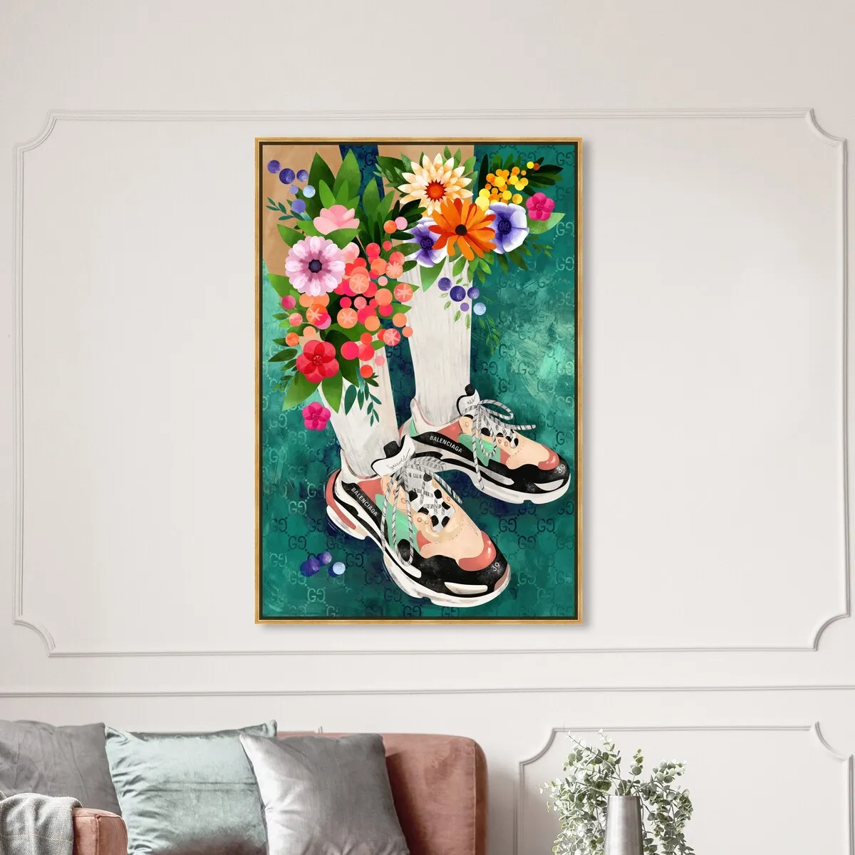 "Blooming Socks and Sneakers", Colorful floral sneaker outfit Modern Green Framed Canvas Wall Art Print for Bedroom