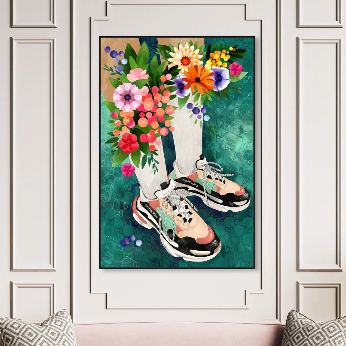 "Blooming Socks and Sneakers", Colorful floral sneaker outfit Modern Green Framed Canvas Wall Art Print for Bedroom