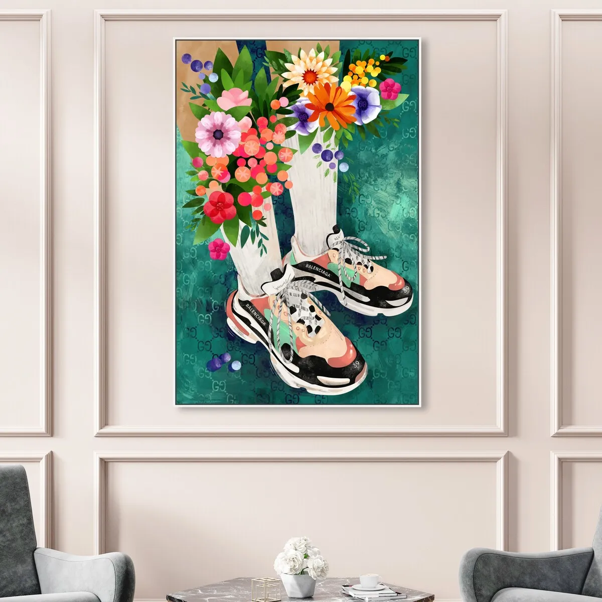 "Blooming Socks and Sneakers", Colorful floral sneaker outfit Modern Green Framed Canvas Wall Art Print for Bedroom