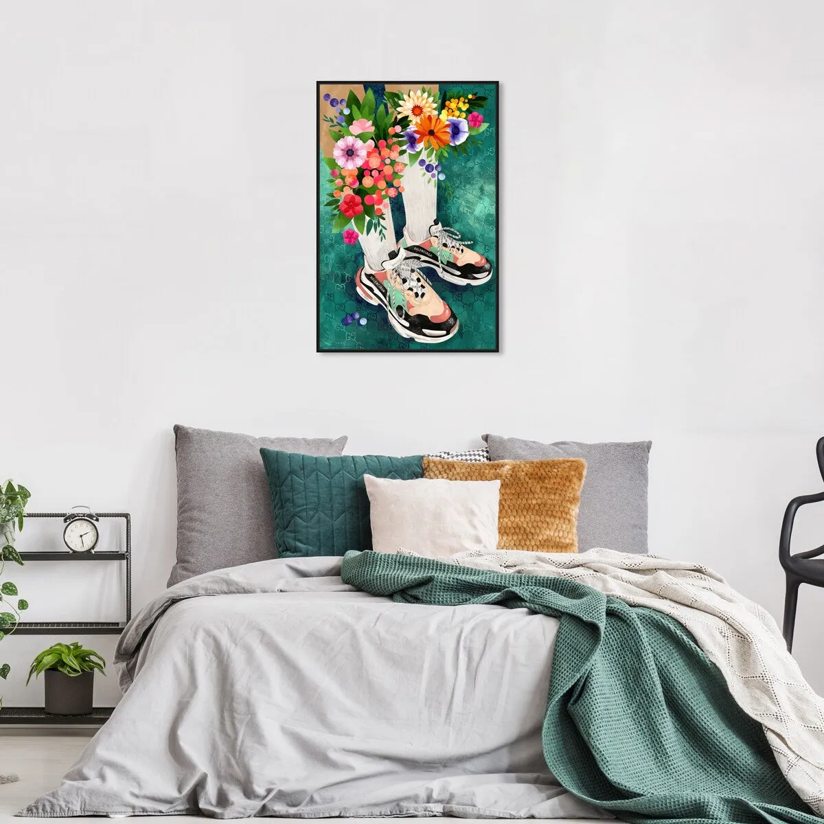 "Blooming Socks and Sneakers", Colorful floral sneaker outfit Modern Green Framed Canvas Wall Art Print for Bedroom