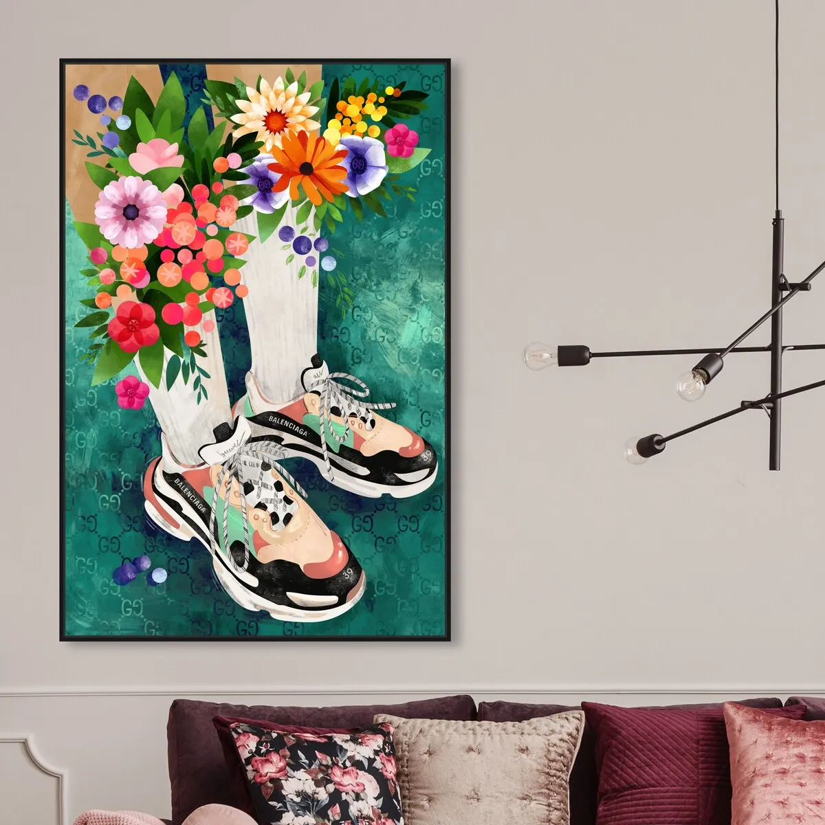 "Blooming Socks and Sneakers", Colorful floral sneaker outfit Modern Green Framed Canvas Wall Art Print for Bedroom