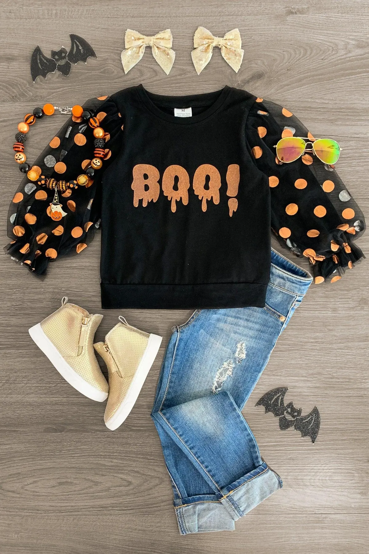 "Boo!" Black Glitter Polka Dot Puff Sleeve Top