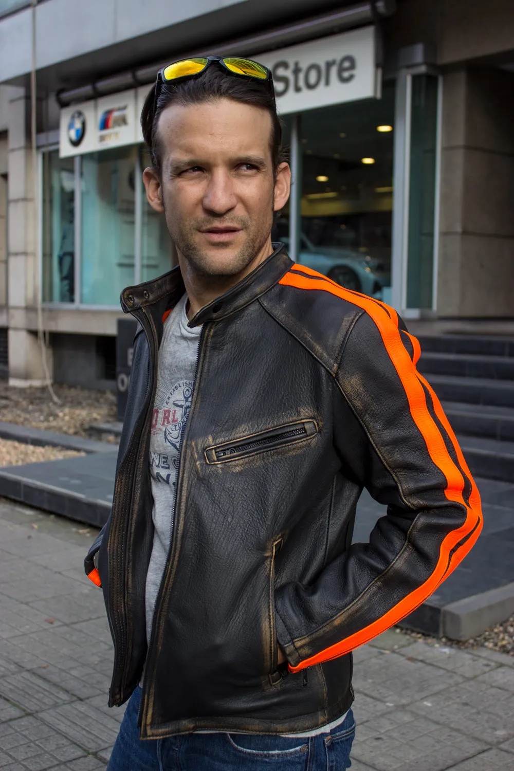 R80X Leather Jacket - Vivid Orange Stripes - Washed Distressed Black - Limited