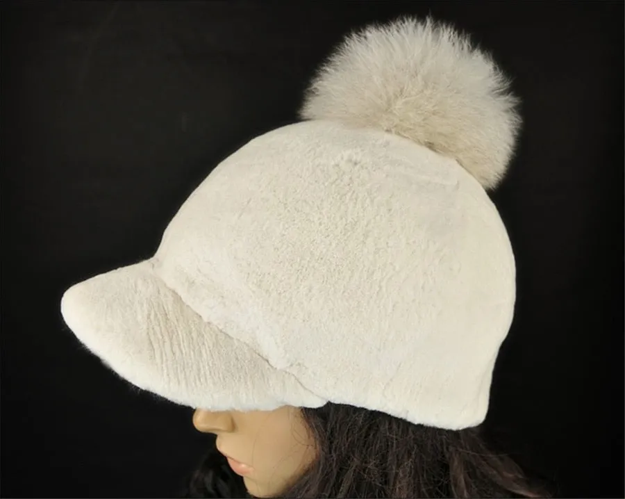 Rabbit Fur Hat with Fox Fur Pom Poms