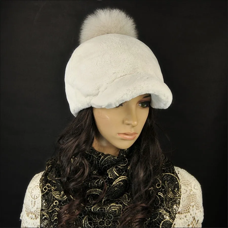 Rabbit Fur Hat with Fox Fur Pom Poms