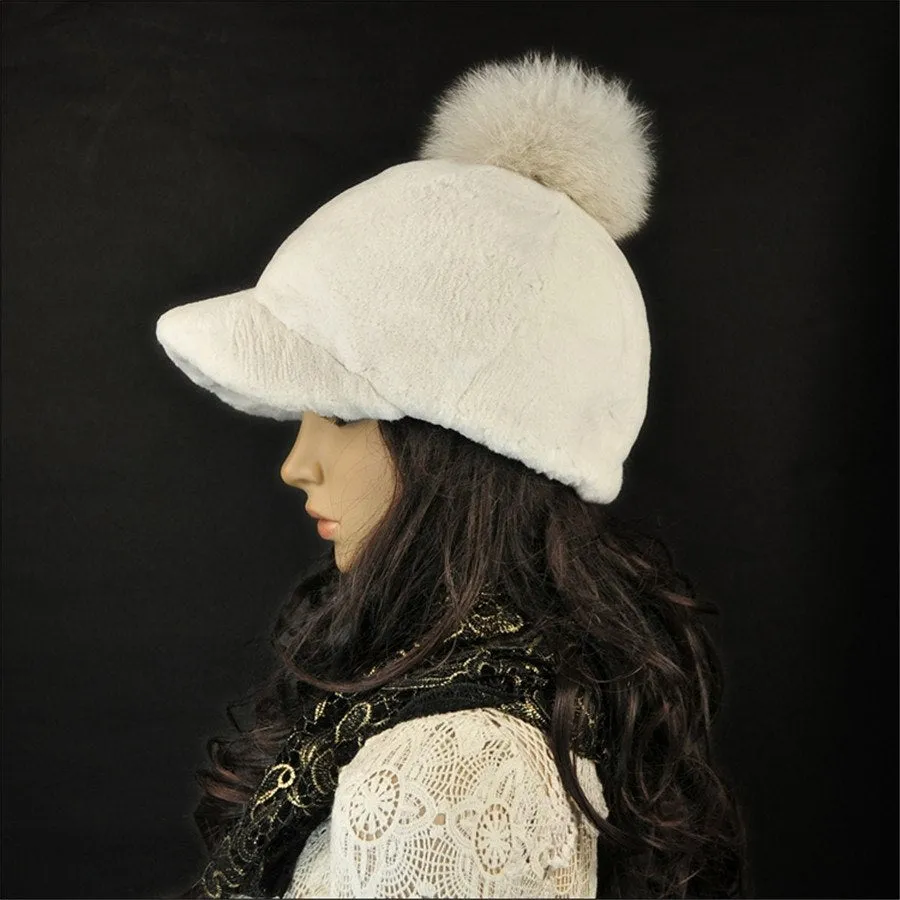 Rabbit Fur Hat with Fox Fur Pom Poms