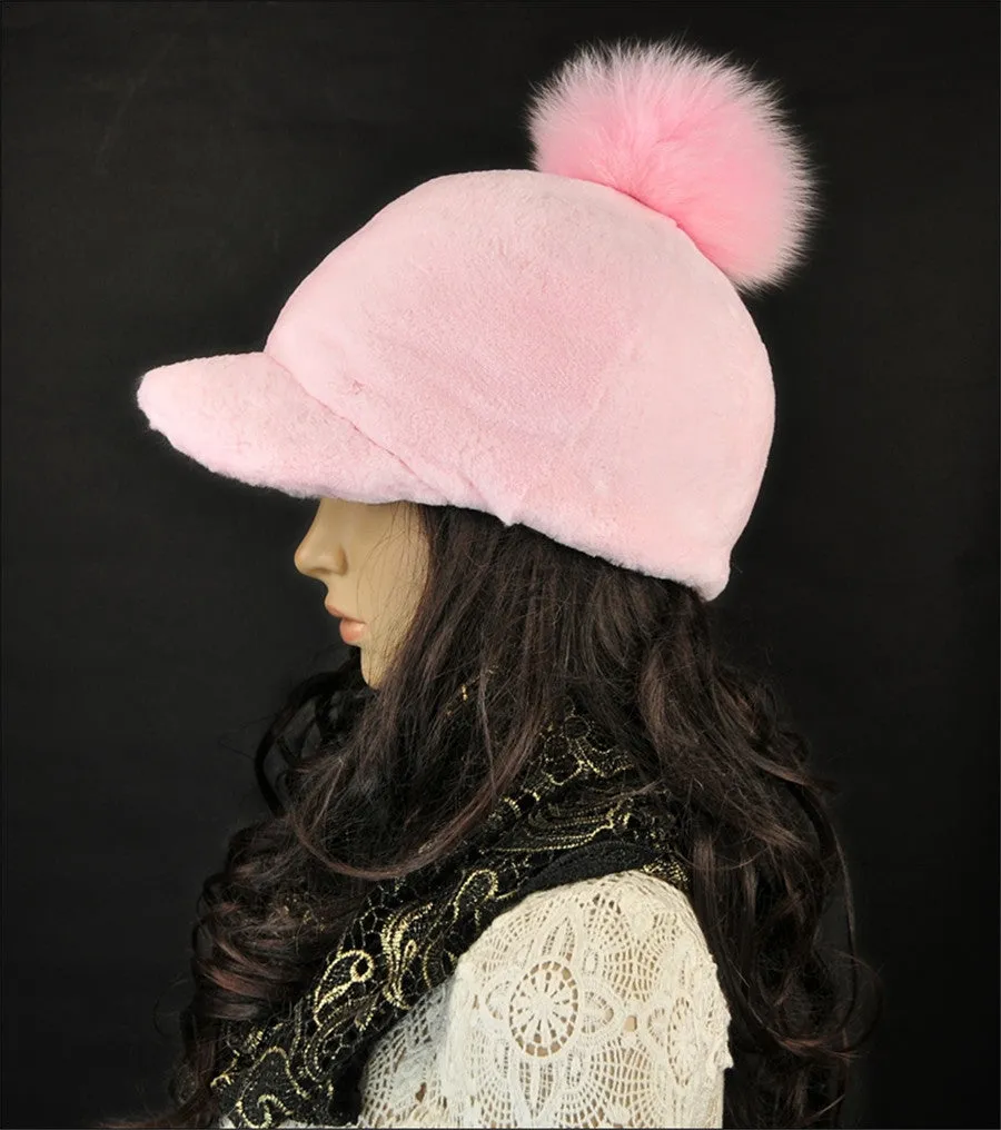 Rabbit Fur Hat with Fox Fur Pom Poms