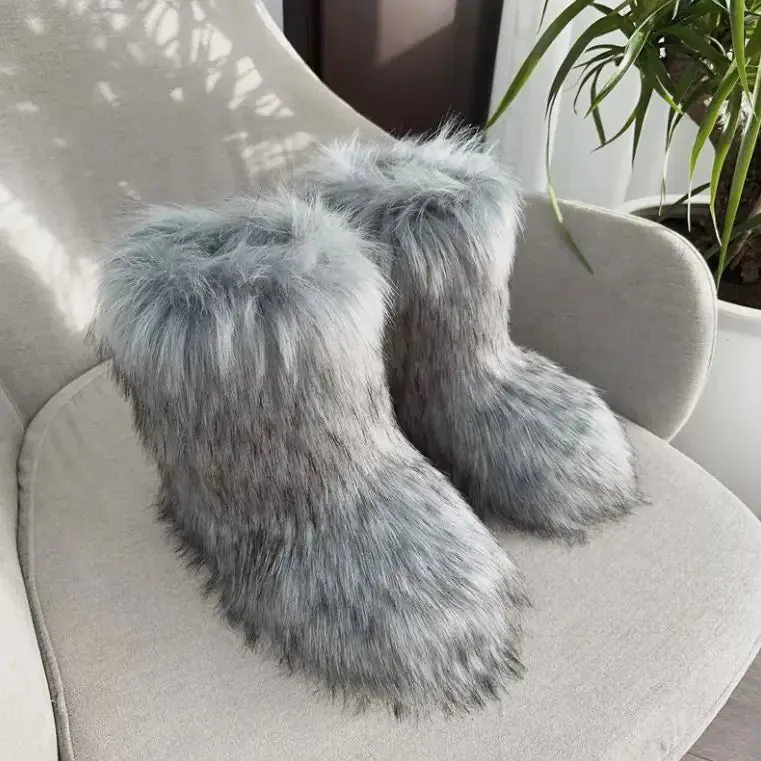 Raccoon Fur Plush Snow Boots