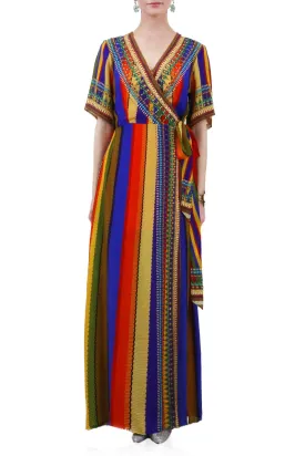 Rainbow Stripe Print Silk Wrap Maxi Dress