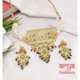 Rajwadi Bridal Pearl Kundan Choker with Chandbali Earrings