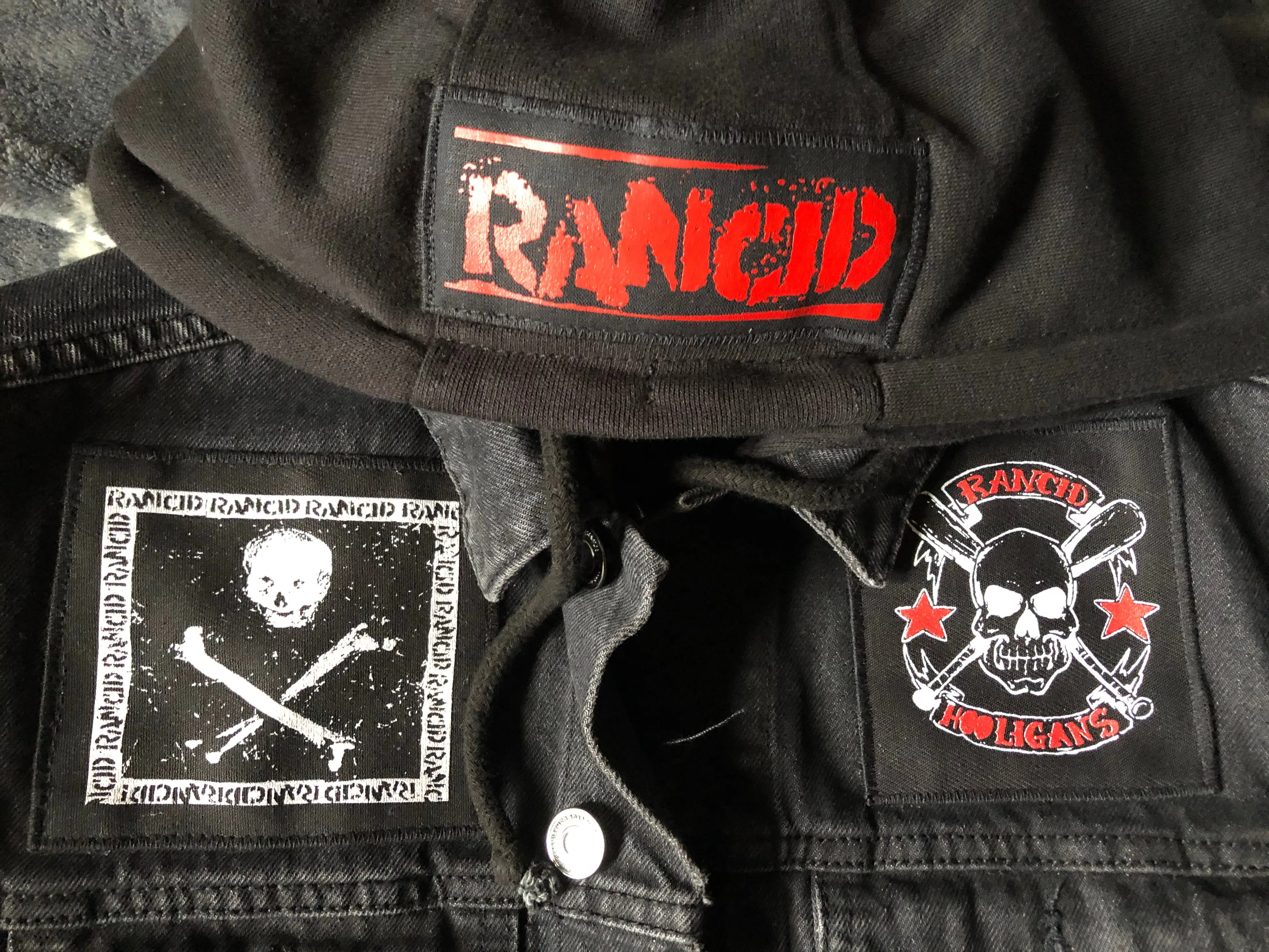 Rancid Punx Hooligans Punk Rock Denim Cut-Off Hooded Battle Jacket